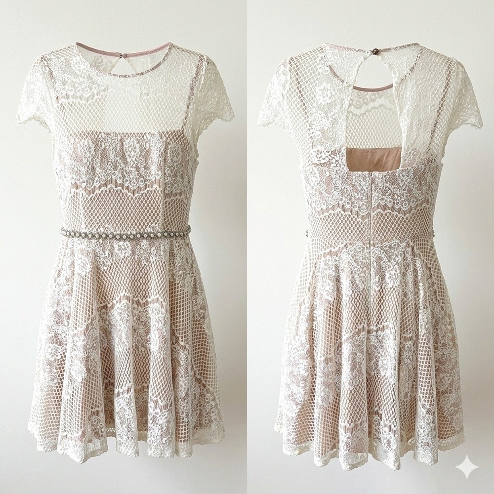 City Studio Cream Lace Fit Flare Dress Nude Lining Pearl Waist Womens L Bridal